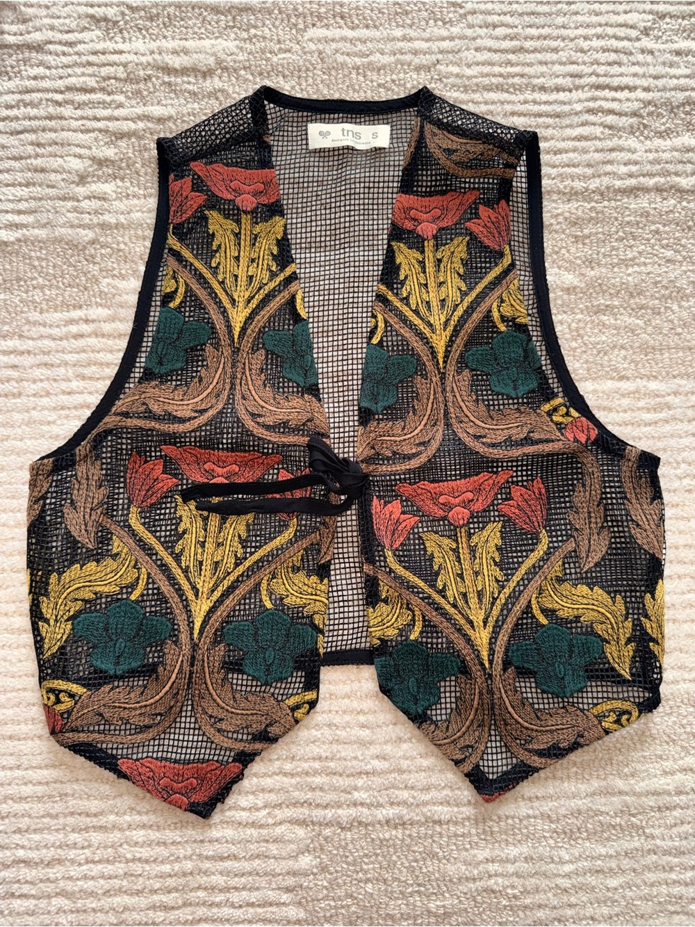 Floral Embroidered Mesh Vest in Black with Multicolor Motif - Small